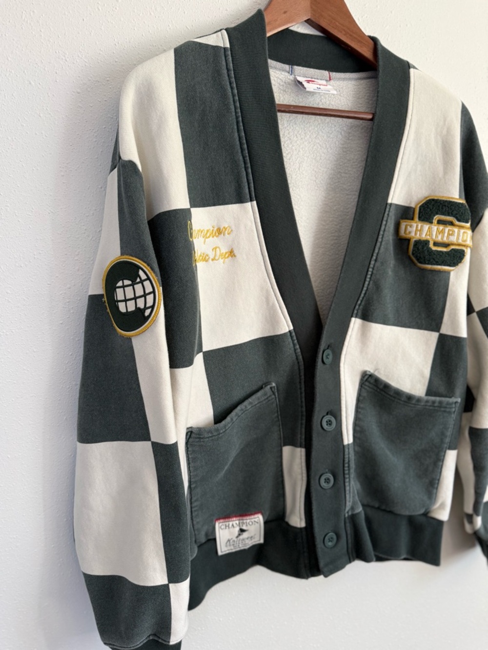 Champion Checkerboard Varsity Cardigan Sweater Jacket Medium Streetwear - Picture 4 of 8